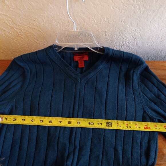 Dark Teal Merino Wool Blend V Neck Sweater 90s Minimalist Academia Classic - Picture 9 of 14